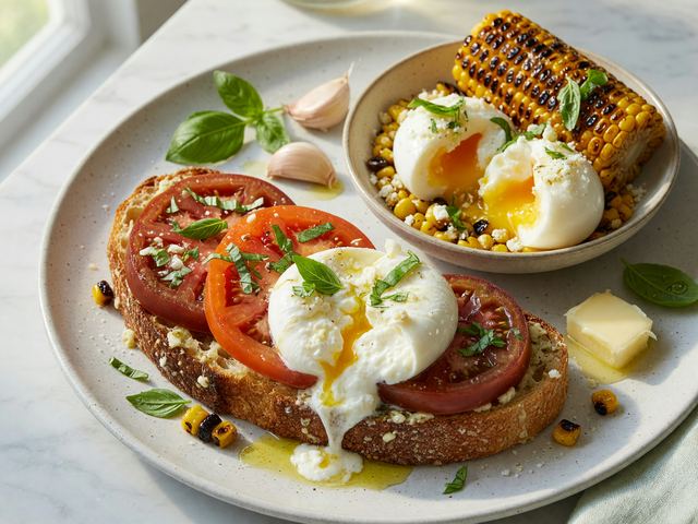Garlicky Heirloom Tomato & Burrata Toasts with Charred Corn Soft Eggs