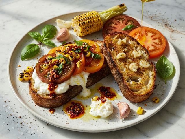 Garlicky Heirloom Tomato Burrata Toasts with Charred Corn & Chili Crisp