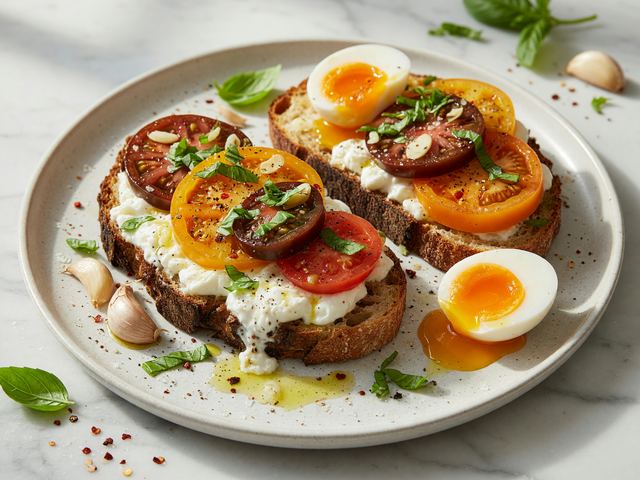 Garlicky Heirloom Tomato Burrata Toasts with Jammy Eggs