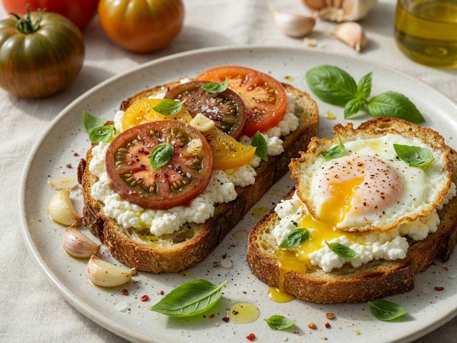 Garlicky Heirloom Tomato Cottage Cheese Toasts with Crispy Eggs