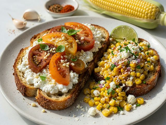 Garlicky Heirloom Tomato Cottage Cheese Toasts with Elote Corn Relish