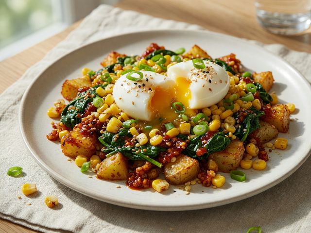 Gochujang-Honey Corn & Spinach Breakfast Hash with Soft Eggs