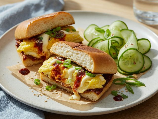 Gochujang Soft-Scramble Egg Sandwiches with Quick Pickled Cucumber