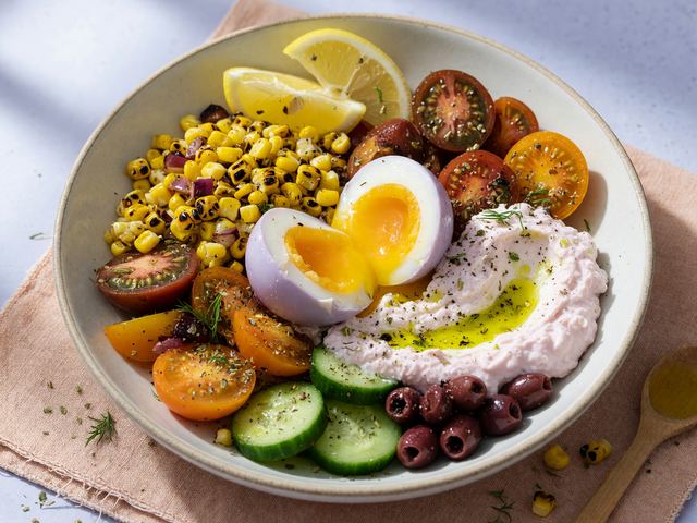 Greek Soft-Boiled Egg Power Bowls with Charred Corn, Heirloom Tomatoes & Whipped Feta
