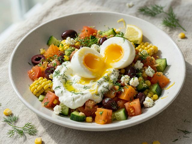 Greek Soft-Egg Breakfast Bowls with Tomato Corn Relish