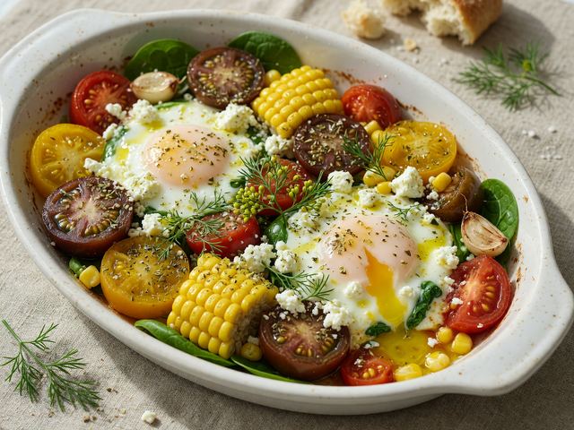 Greek-Style Baked Eggs with Feta, Heirloom Tomatoes & Fresh Corn