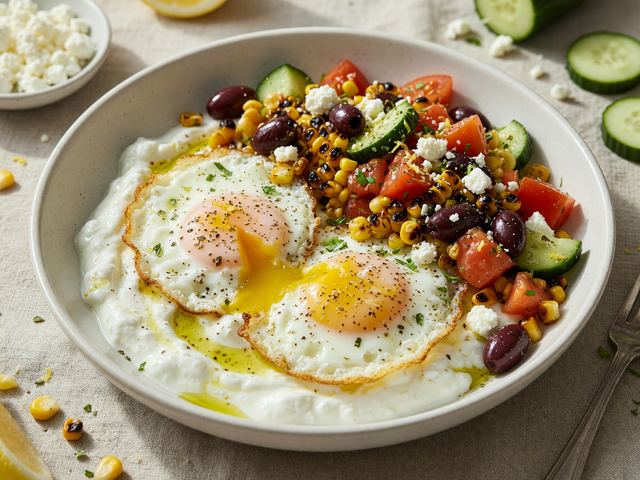 Greek Yogurt Egg Breakfast Bowls with Charred Corn & Tomato Cucumber Salsa