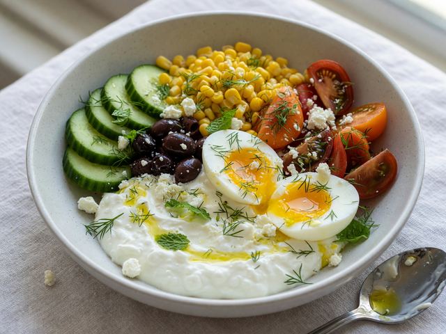 Greek Yogurt Savory Breakfast Bowls with Warm Corn, Tomatoes & Soft-Boiled Eggs