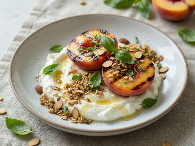 Grilled Peach Basil Yogurt Breakfast Bowls
