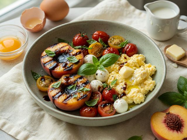 Grilled Peach Caprese Breakfast Bowls with Soft-Scrambled Eggs