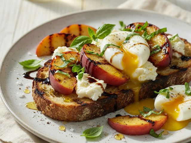 Grilled Peach Caprese Breakfast Toast with Soft Eggs