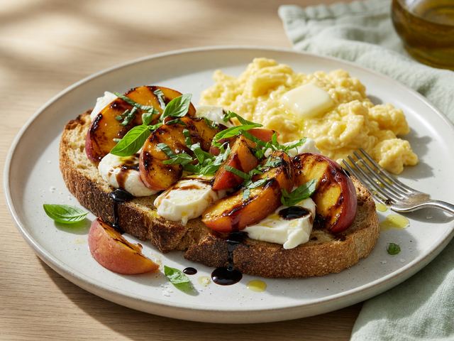 Grilled Peach Caprese Breakfast Toast with Soft Scrambled Eggs