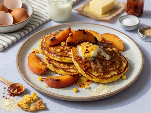 Grilled Peach & Cornmeal Pancakes with Hot-Honey Butter