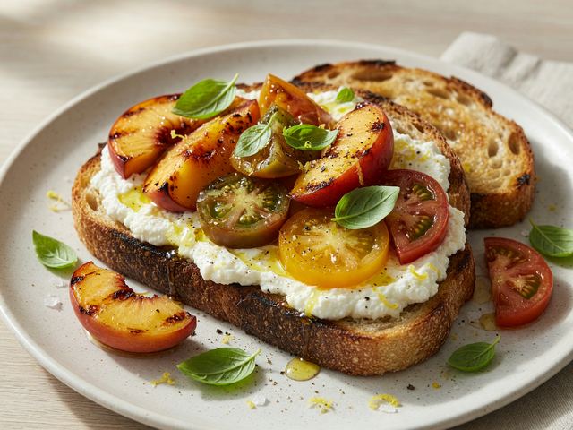 Grilled Peach & Heirloom Tomato Ricotta Breakfast Toast