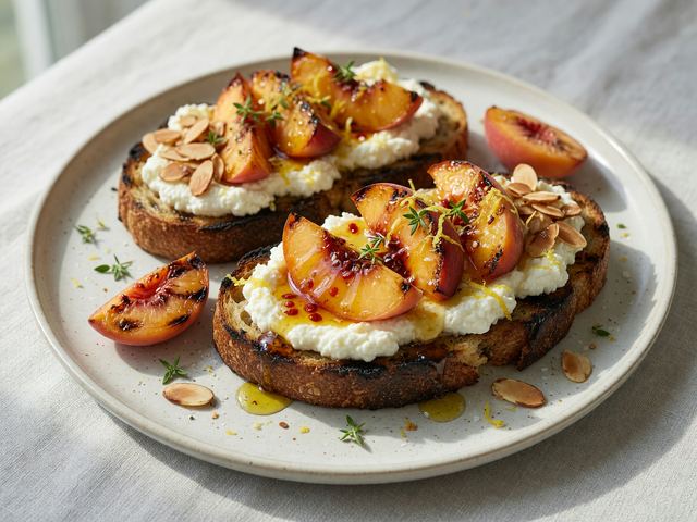 Grilled Peach & Ricotta Breakfast Toasts with Hot Honey