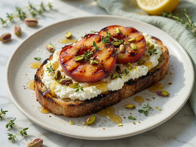 Grilled Peach Ricotta Toast with Hot Honey & Pistachios
