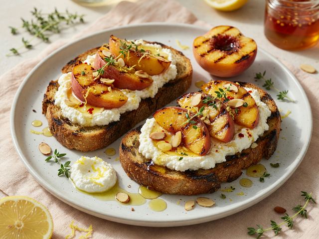 Grilled Peach & Whipped Ricotta Breakfast Toasts with Hot Honey