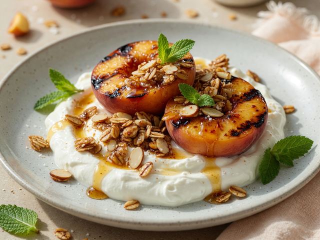 Grilled Peach Yogurt Bowls with Hot-Honey Almond Crunch