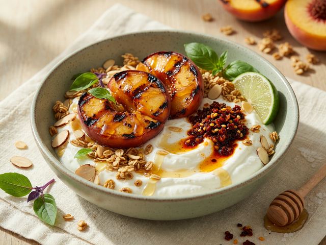 Grilled Peach Yogurt Breakfast Bowls with Honey-Chili Crunch
