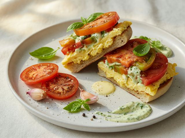Heirloom Tomato Breakfast Sandwiches with Soft Scramble & Basil Mayo