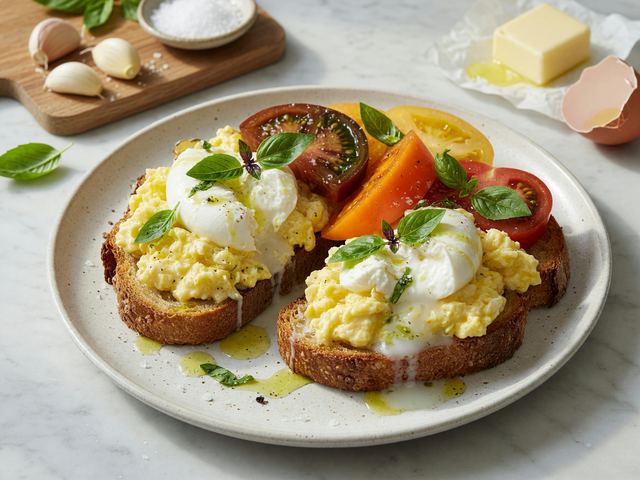 Heirloom Tomato Burrata Soft-Scramble Toasts