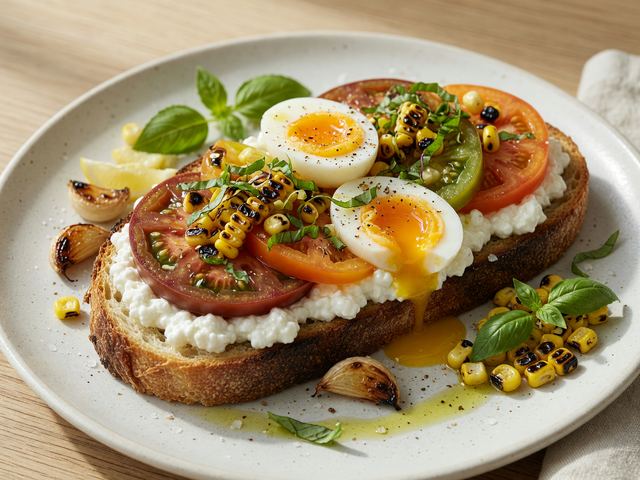 Heirloom Tomato Cottage Cheese Toast with Charred Corn & Jammy Eggs