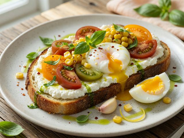 Heirloom Tomato & Fresh Corn Ricotta Toast with Soft Eggs