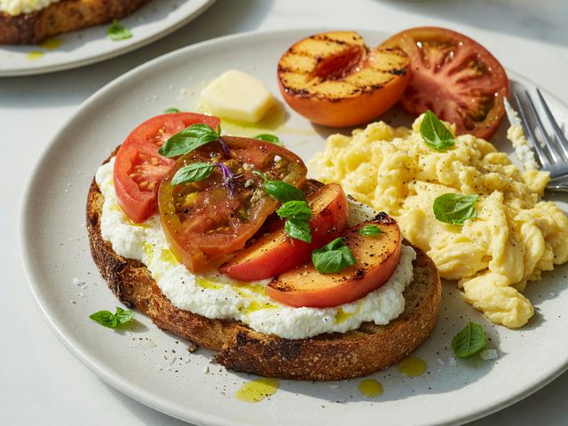 Heirloom Tomato & Grilled Peach Ricotta Toast with Soft-Scrambled Eggs