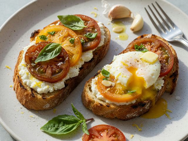 Heirloom Tomato Ricotta Breakfast Crostini with Soft Eggs