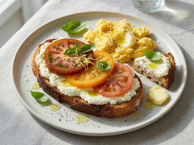 Heirloom Tomato Ricotta Toast with Soft-Scrambled Eggs