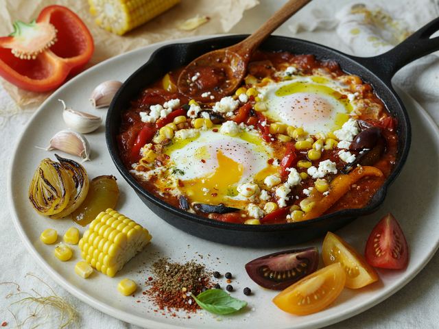 Heirloom Tomato Shakshuka with Sweet Corn & Feta