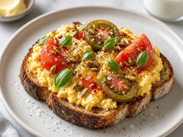 Heirloom Tomato Soft-Scramble Toast with Hot Honey Crunch