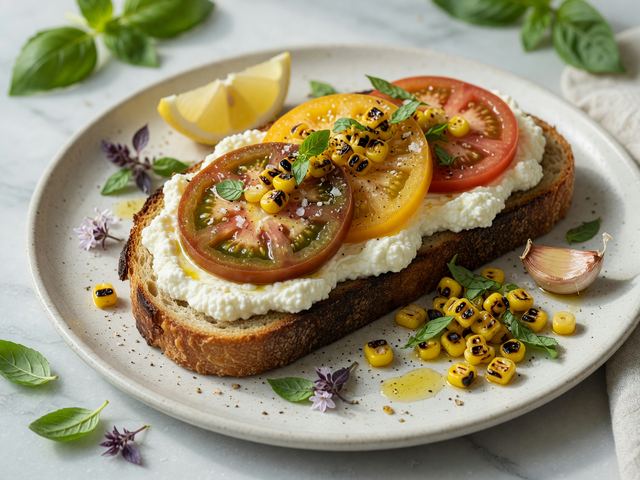 Heirloom Tomato Toast with Whipped Ricotta, Charred Corn & Basil