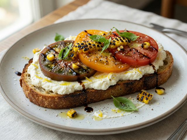 Heirloom Tomato & Whipped Ricotta Breakfast Toast with Charred Corn