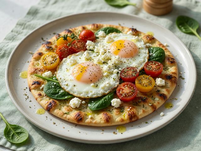 High-Protein Greek Yogurt Breakfast Flatbread with Eggs and Feta