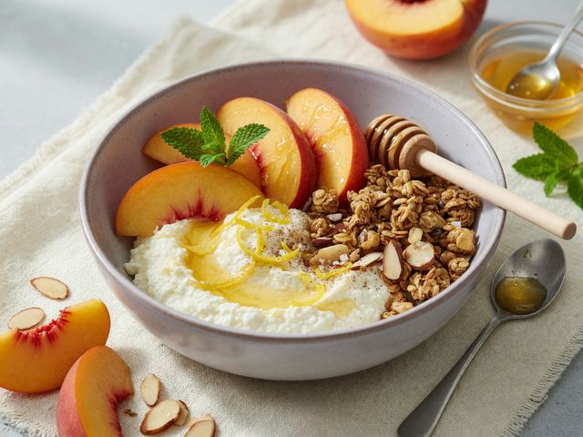 Honey-Peach Ricotta Breakfast Bowls with Toasted Almond Crunch