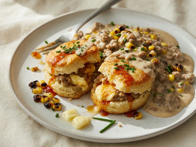 Hot Honey Butter Breakfast Biscuits with Charred Corn Sausage Gravy