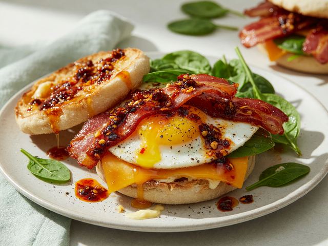 Hot Honey Chili-Crisp Breakfast Sandwiches on English Muffins