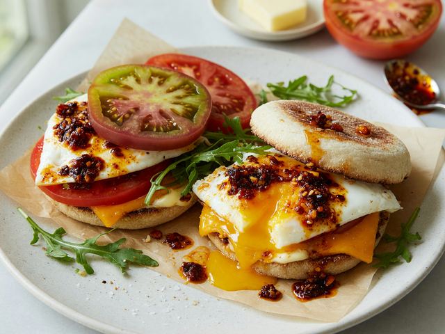 Hot-Honey Chili-Crisp Egg Breakfast Sandwiches with Heirloom Tomato