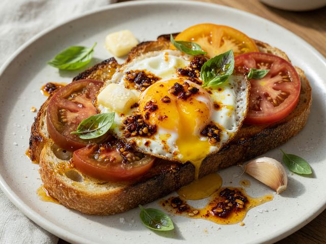 Hot-Honey Chili-Crisp Egg & Heirloom Tomato Toast