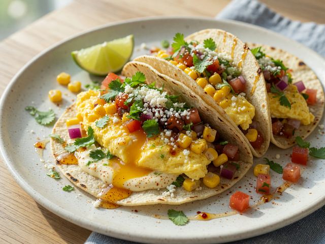 Hot-Honey Elote Breakfast Tacos with Soft Eggs & Heirloom Pico