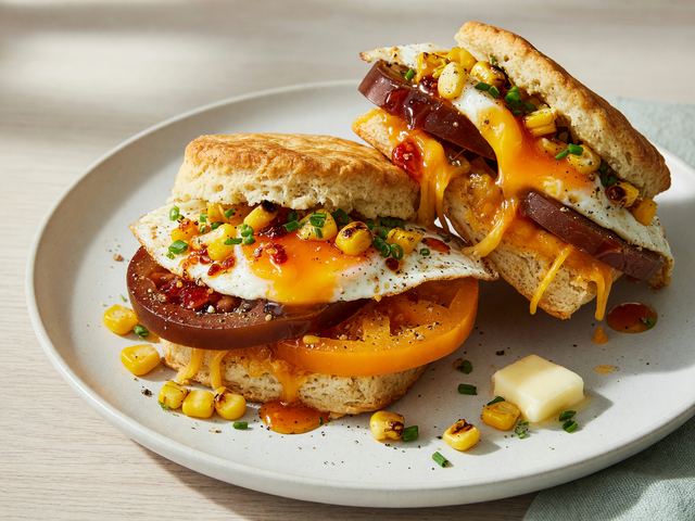 Hot-Honey Heirloom Tomato Egg Biscuit Sandwiches