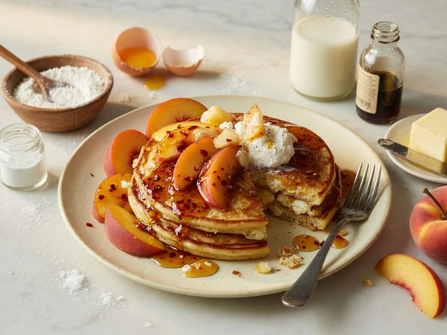 Hot-Honey Peach Ricotta Pancakes