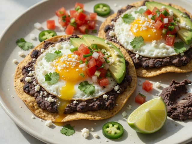 Huevos Rancheros Tostadas with Refried Beans and Fresh Pico