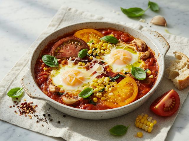 Italian Baked Eggs in Heirloom Tomato Sauce with Fresh Corn