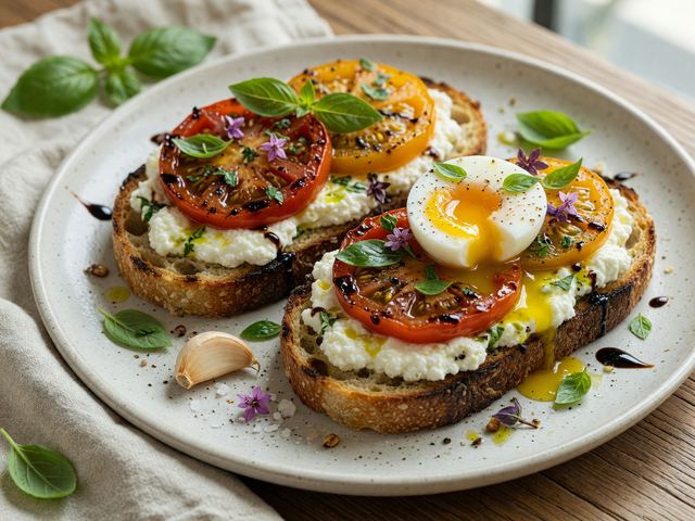 Italian Blistered Heirloom Tomato Ricotta Toasts with Soft Eggs