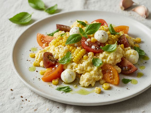Italian Caprese Soft Scramble with Sweet Corn & Basil