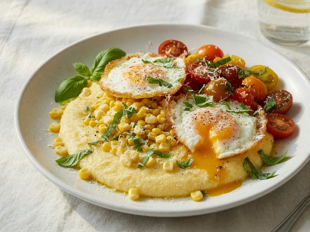 Italian Creamy Breakfast Polenta with Burst Tomatoes, Fresh Corn & Crispy Fried Eggs