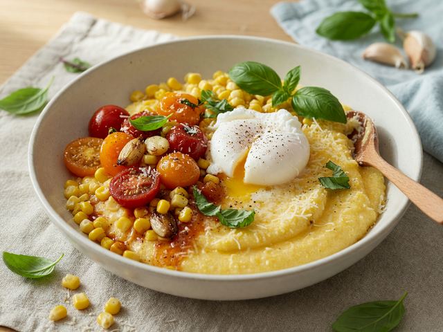 Italian Creamy Polenta Breakfast Bowls with Burst Tomatoes, Corn & Poached Eggs