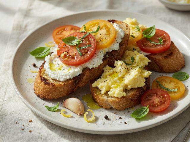 Italian Ricotta-Tomato Breakfast Crostini with Soft-Scrambled Eggs